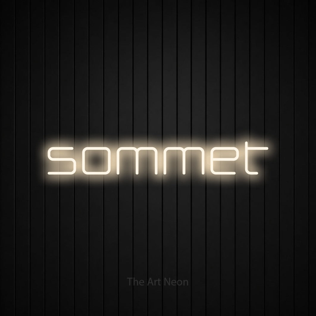 “Sommet” LED neon sign in warm white, with rounded geometric lettering, shown against black vertical wall slats.
