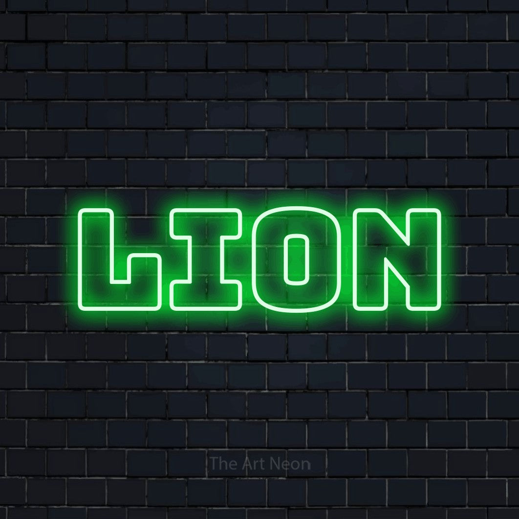 Aperçu d’une enseigne néon LED « Lion » en vert, en typographie contour épaisse, photographiée sur un mur de briques bleu marine foncé, pour un décor inspiré de la nature.