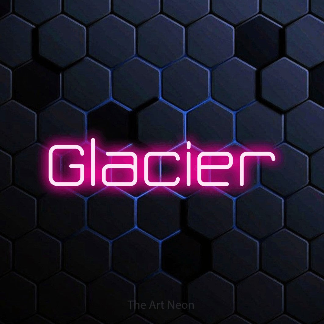 “Glacier” LED neon sign in hot pink, with rounded geometric lettering, shown against a dark blue honeycomb pattern.