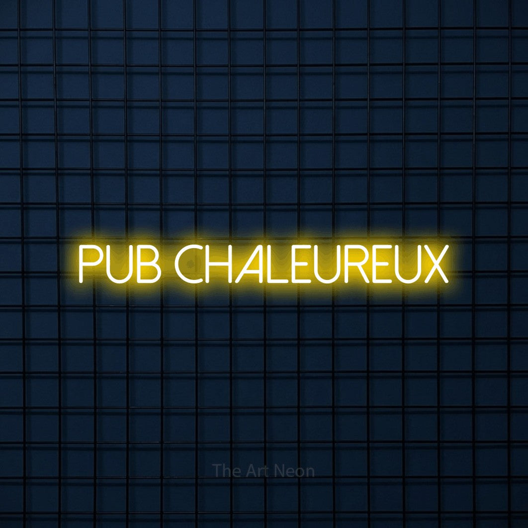 “Pub chaleureux” LED neon sign in yellow, with thin sans-serif lettering, shown against a dark blue grid.