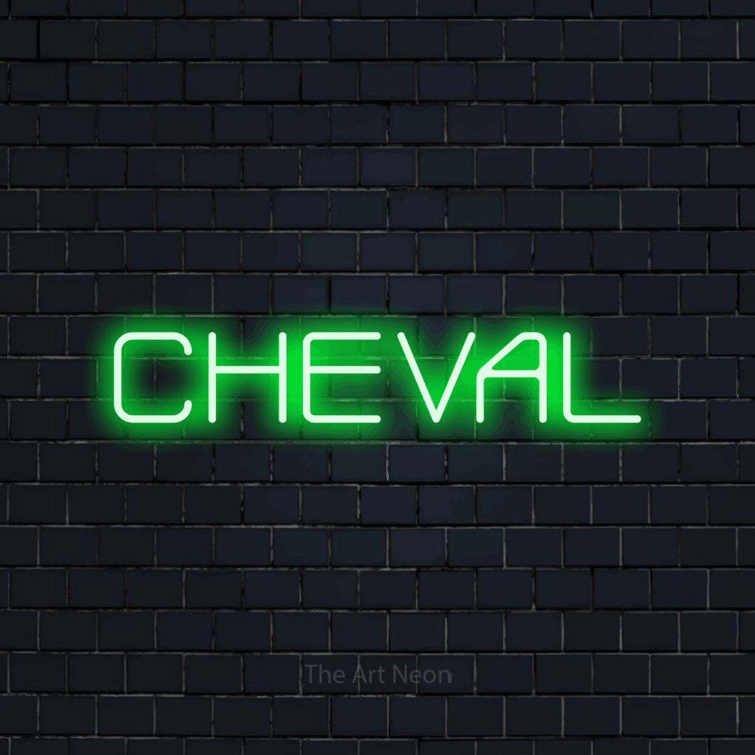 “Cheval” LED neon sign in green, with rounded geometric lettering, shown against a dark navy brick wall.