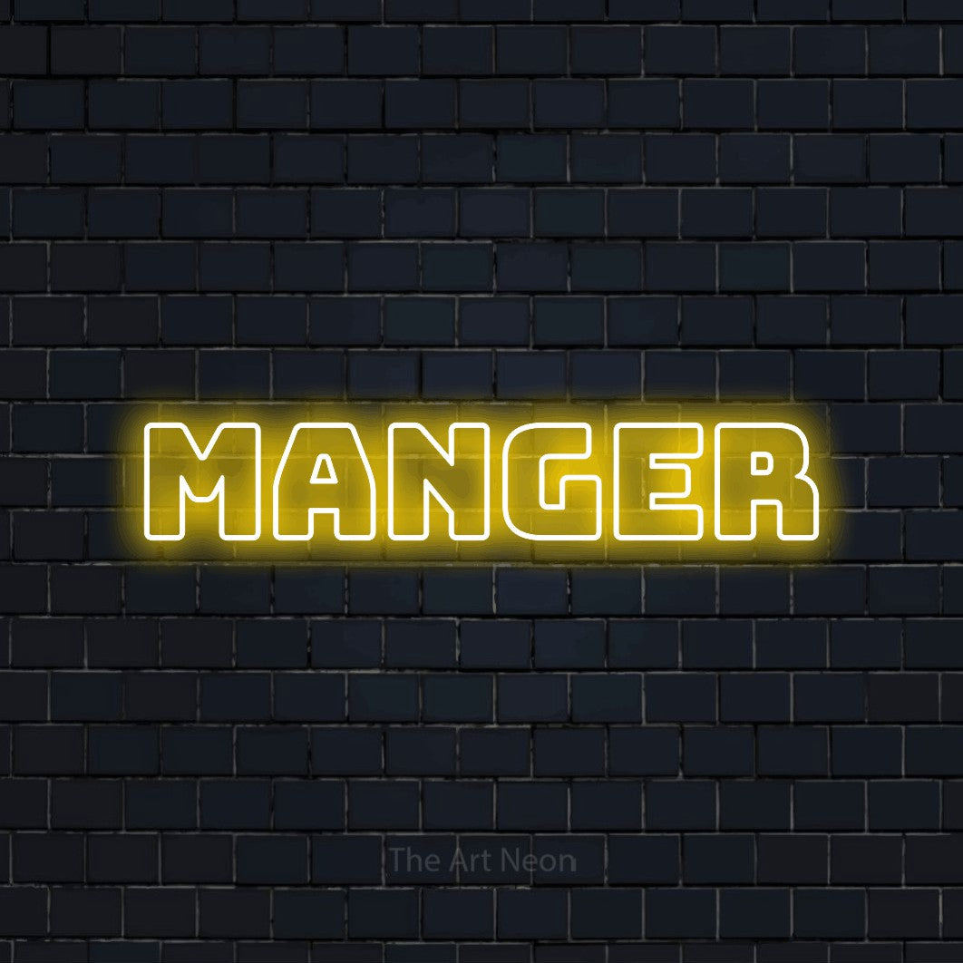 “Manger” LED neon sign in yellow, with bold outline lettering, shown against a dark navy brick wall.
