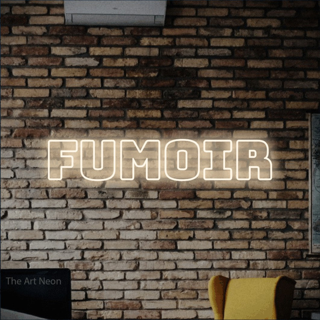 “Fumoir” LED neon sign in warm white, with bold outline lettering, shown against warm-toned brickwork.