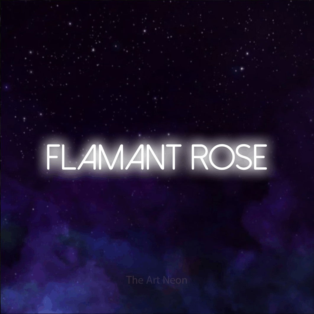 “Flamant rose” LED neon sign in cool white, with thin sans-serif lettering, shown against a purple galaxy backdrop.