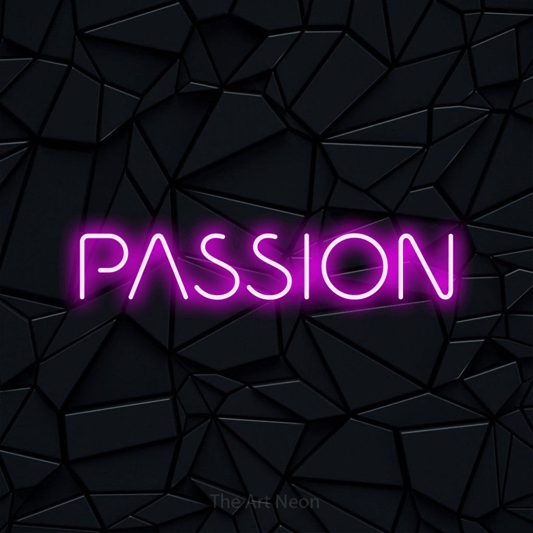 “Passion” LED neon sign in pink, with stylised geometric lettering, shown against a black polygonal surface.