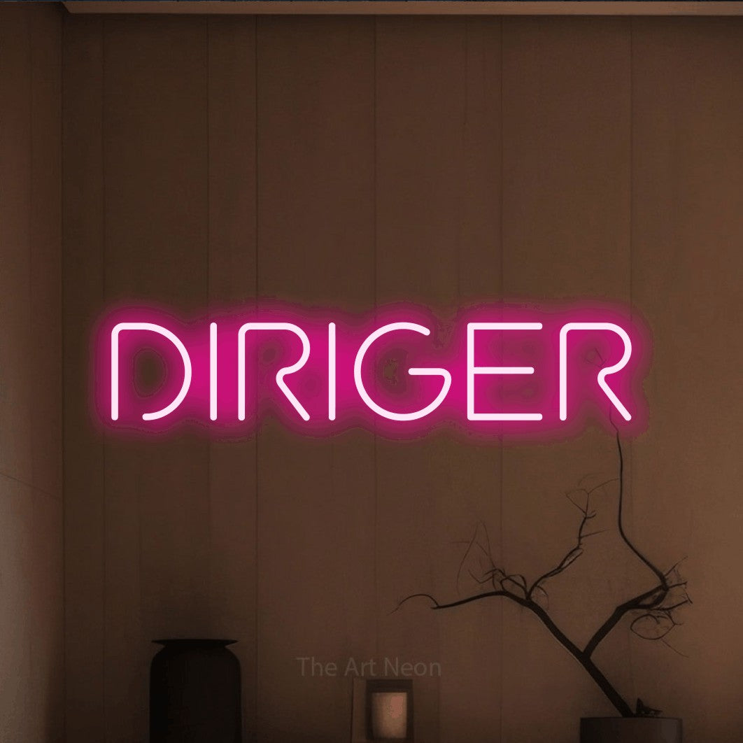 “Diriger” LED neon sign in hot pink, with stylised geometric lettering, shown against a simple earth-toned interior.