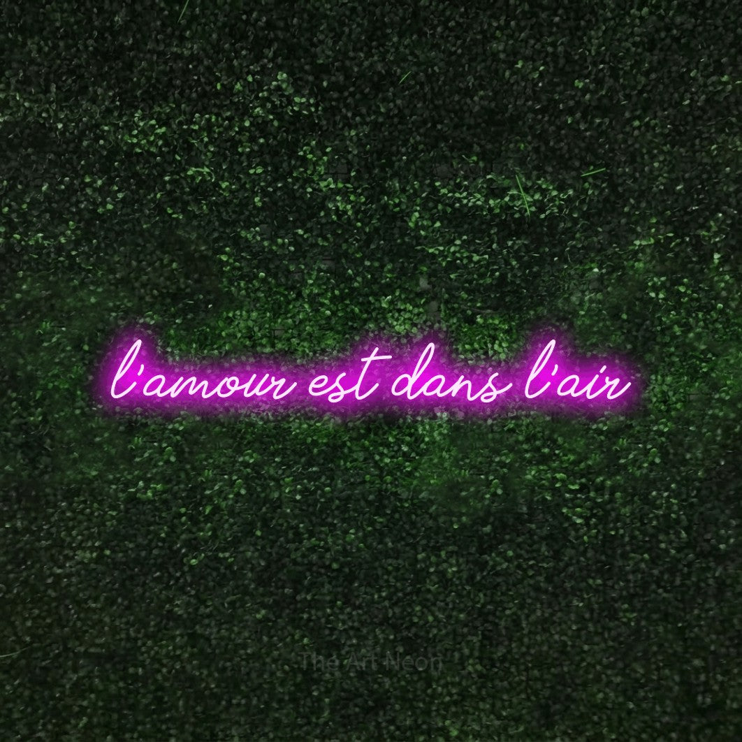 “L'amour est dans l'air” LED neon sign in pink, with cursive lettering, shown against a textured green hedge.