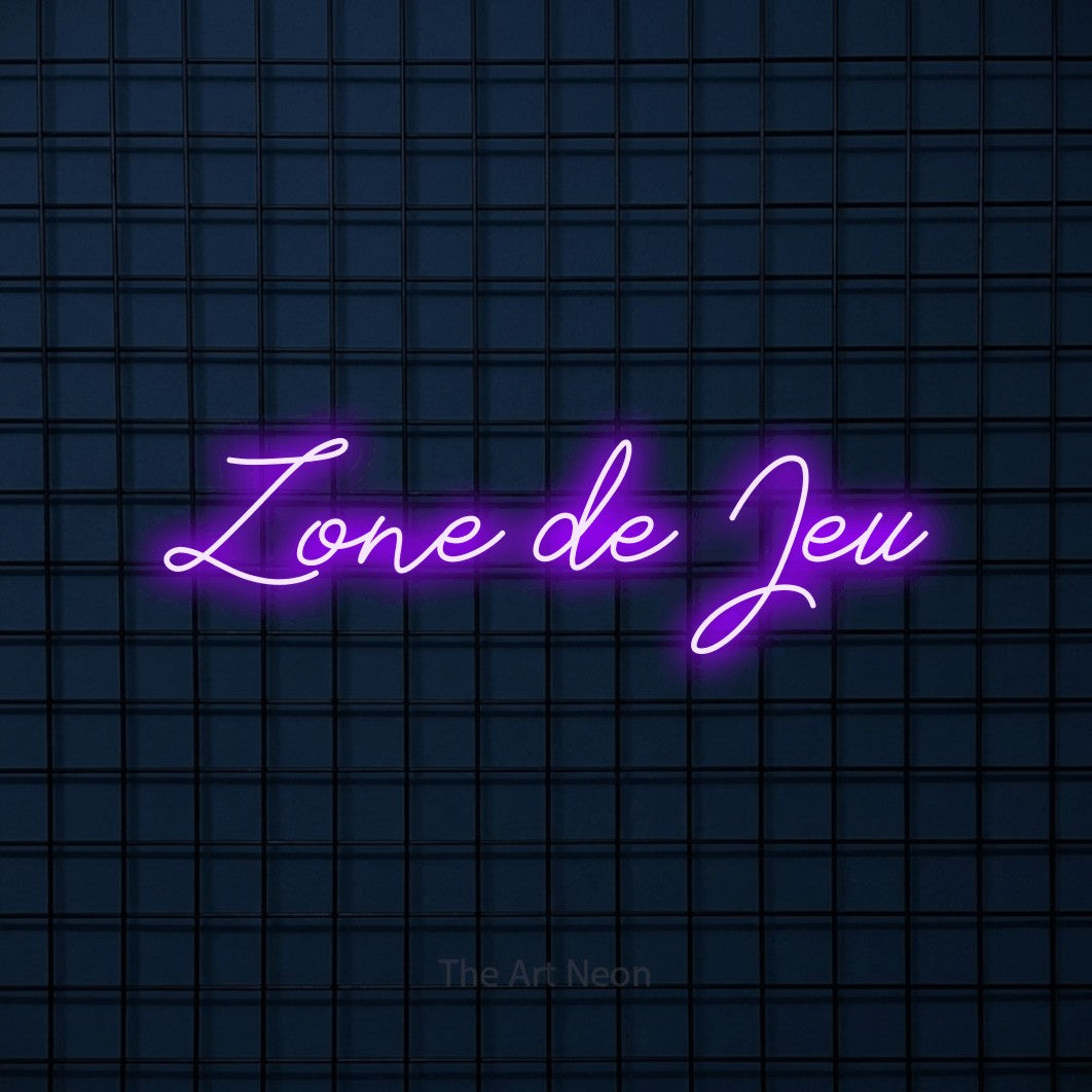 “Zone de jeu” LED neon sign in purple, with cursive lettering, shown against a dark blue grid.
