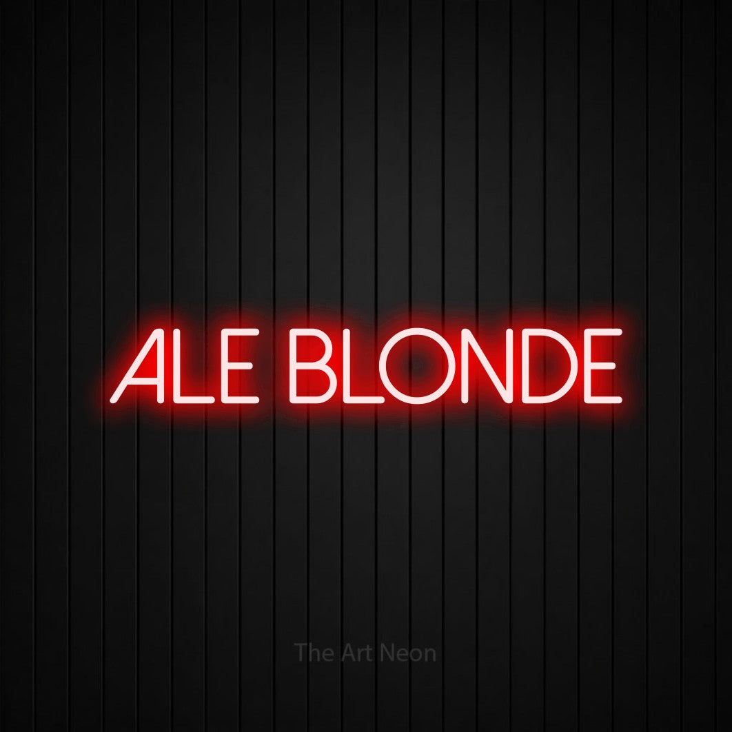 “Ale blonde” LED neon sign in red, with thin sans-serif lettering, shown against black vertical wall slats.