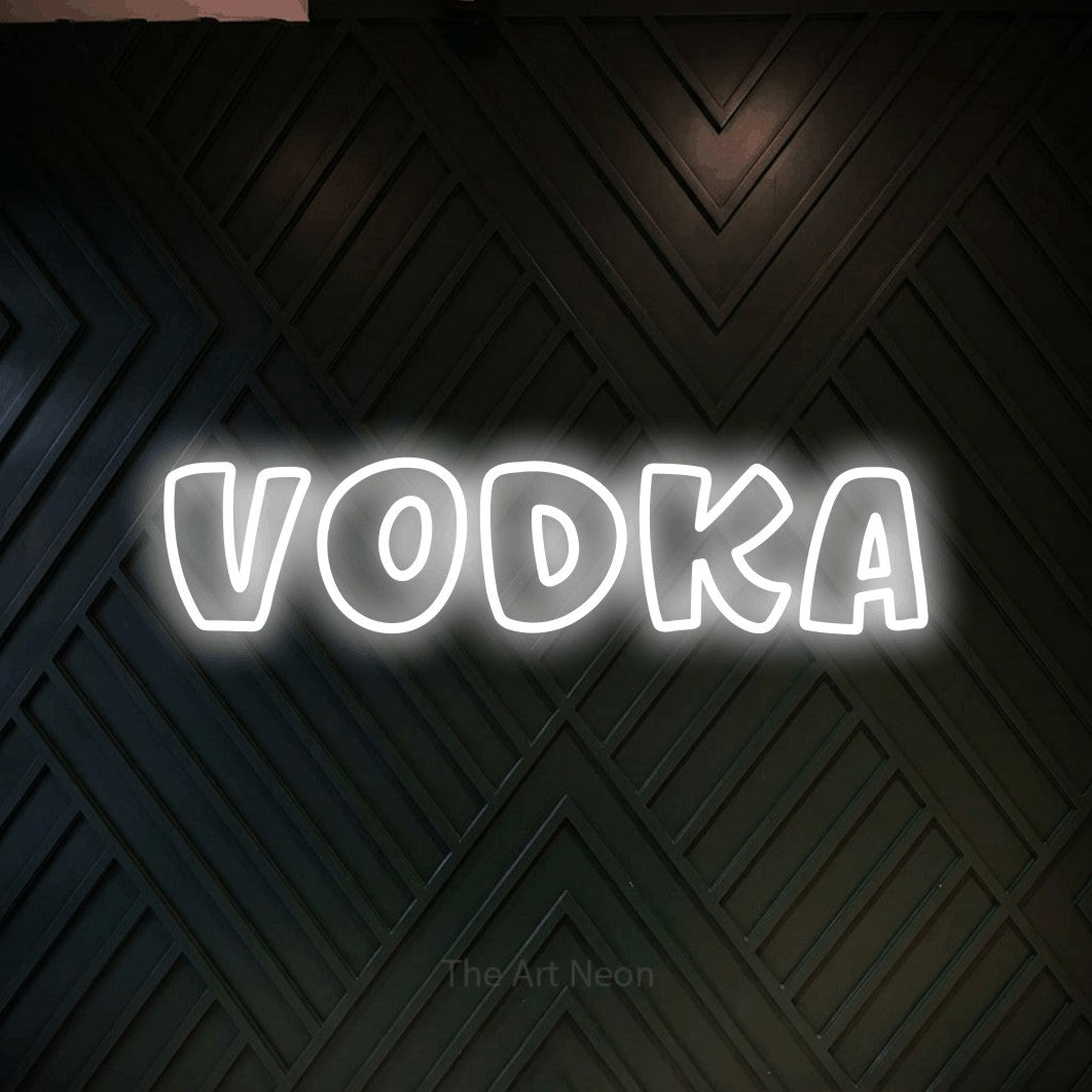 “Vodka” LED neon sign in cool white, with rounded outline lettering, shown against a black chevron-patterned wood wall.