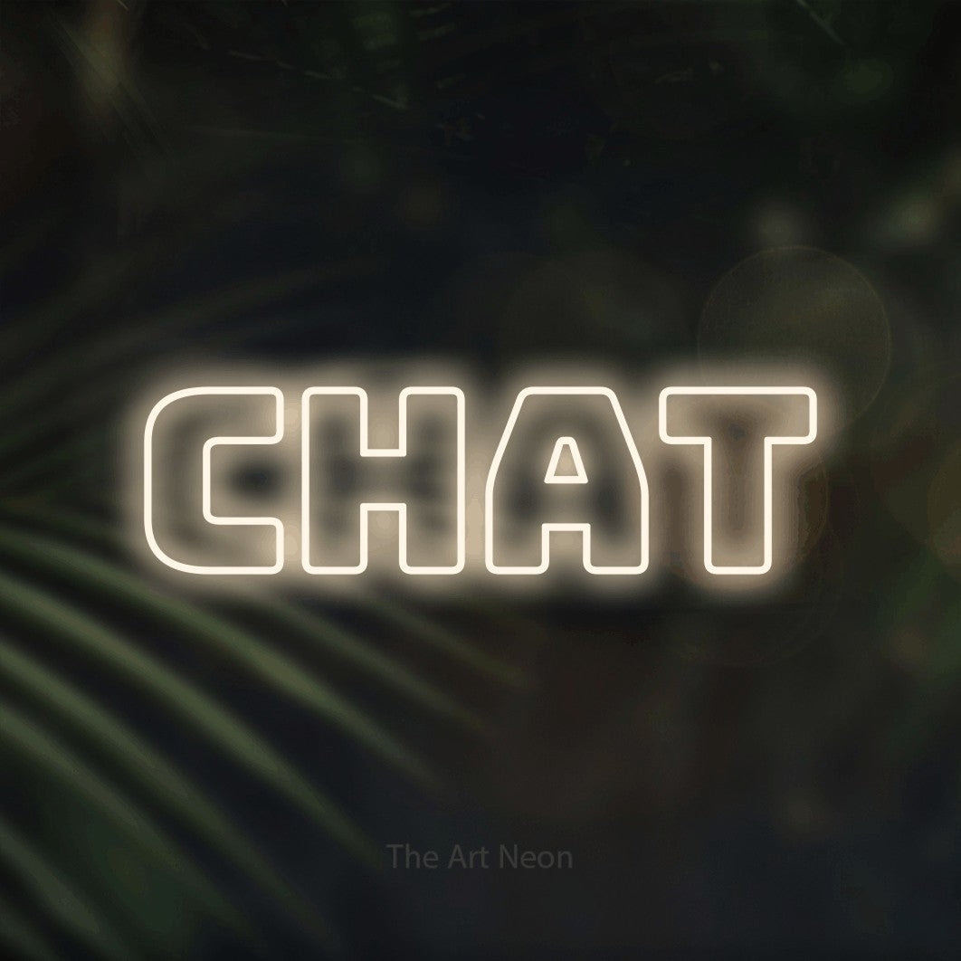 “Chat” LED neon sign in warm white, with bold outline lettering, shown against a blurred palm and bokeh-light backdrop.