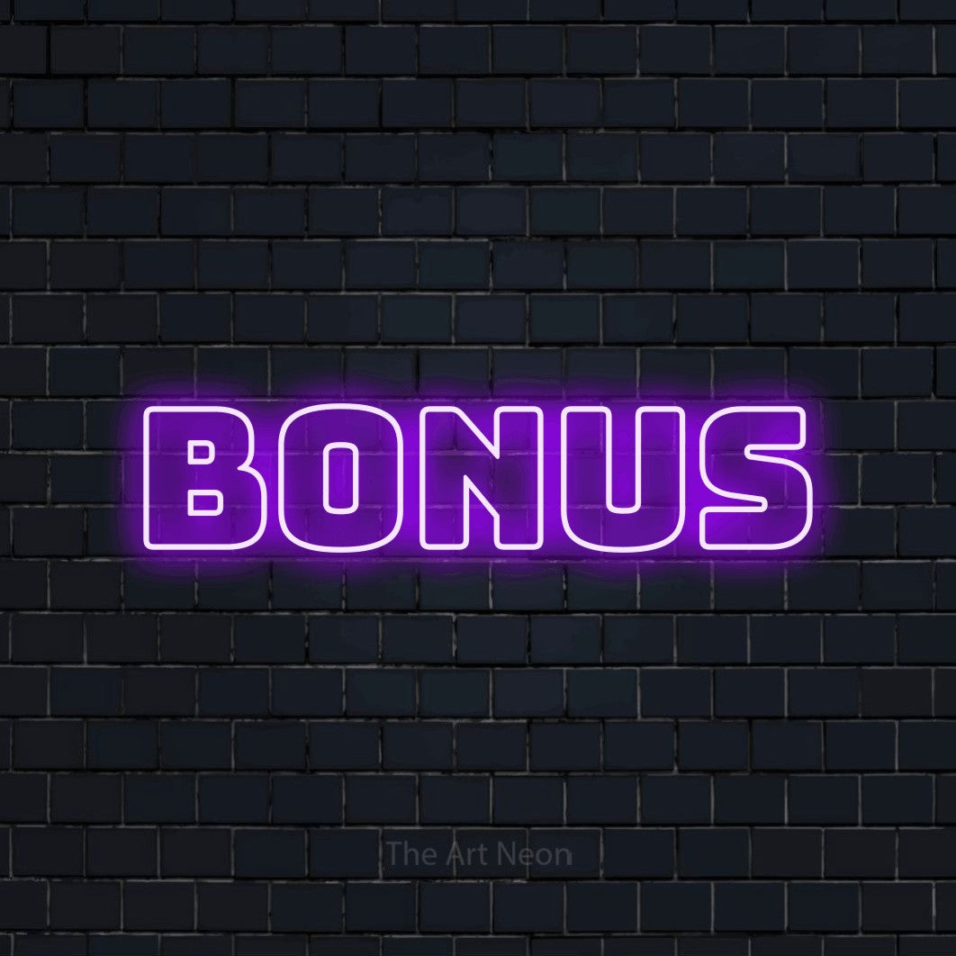 “Bonus” LED neon sign in purple, with bold outline lettering, shown against a dark navy brick wall.