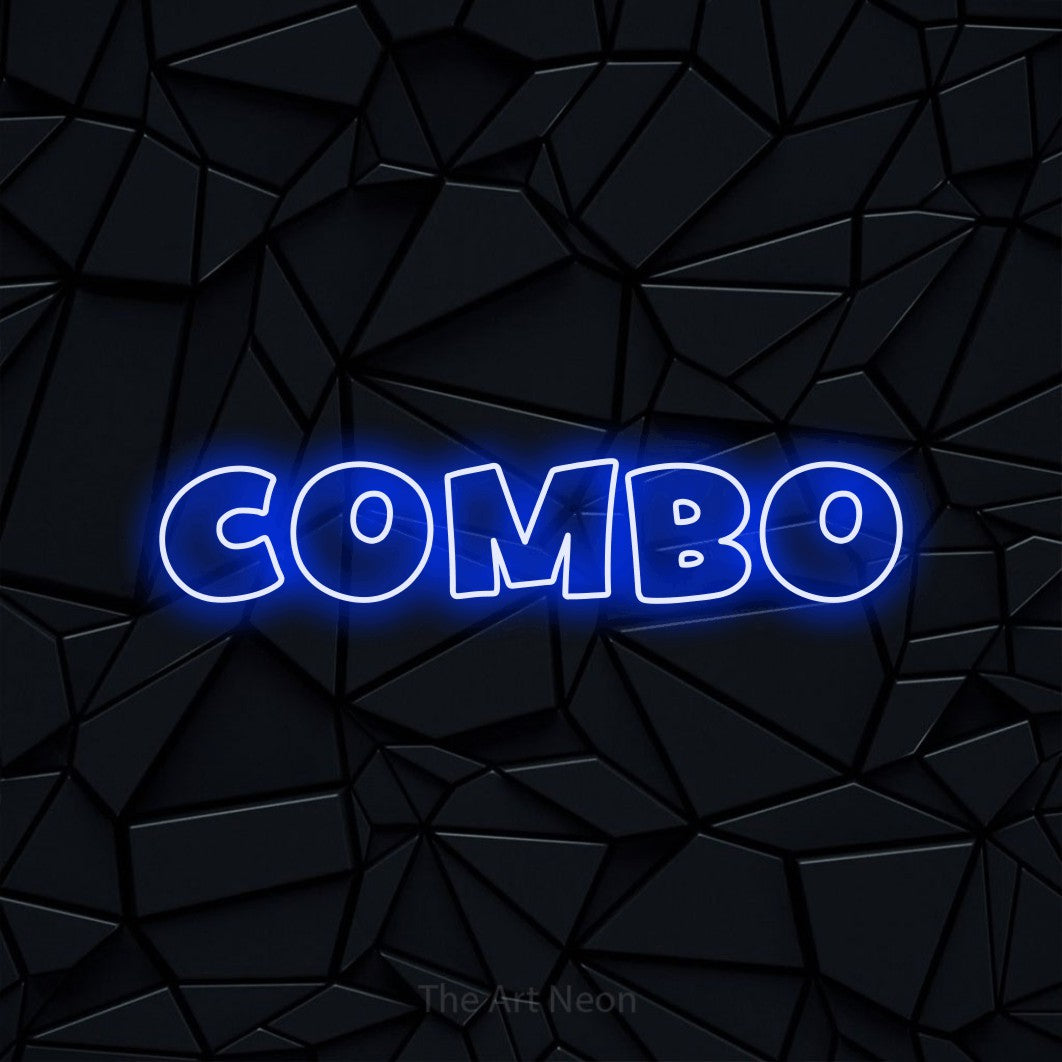 “Combo” LED neon sign in blue, with wide lettering with irregular outlines, shown against a black polygonal surface.