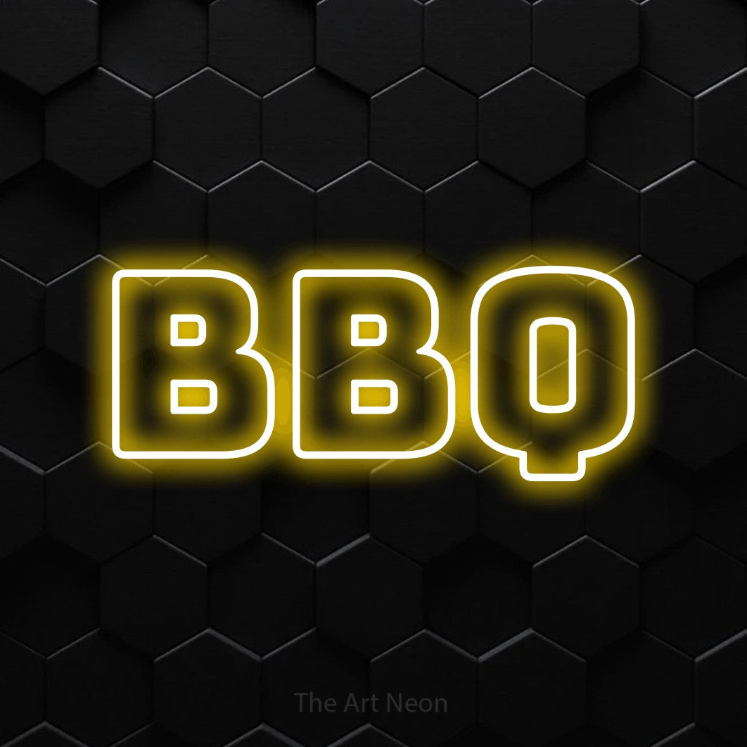 “BBQ” LED neon sign in yellow, with bold outline lettering, shown against black hexagonal wall tiles.