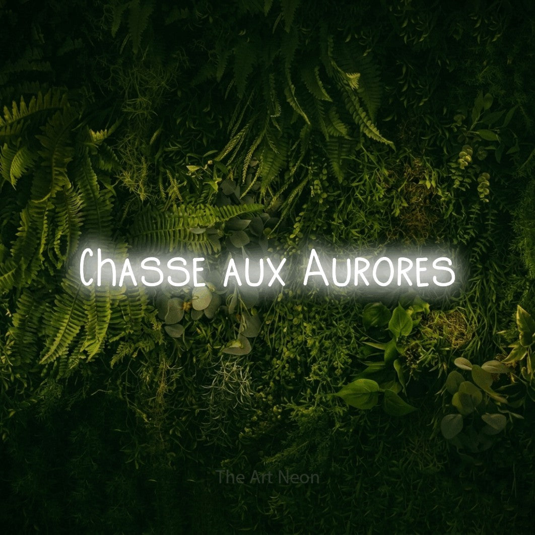 Composition en néon LED « Chasse aux aurores » en blanc froid, en lettres étroites dessinées à la main, mise en valeur sur un fond sombre de mousse et de forêt, pour un décor de plein air canadien.
