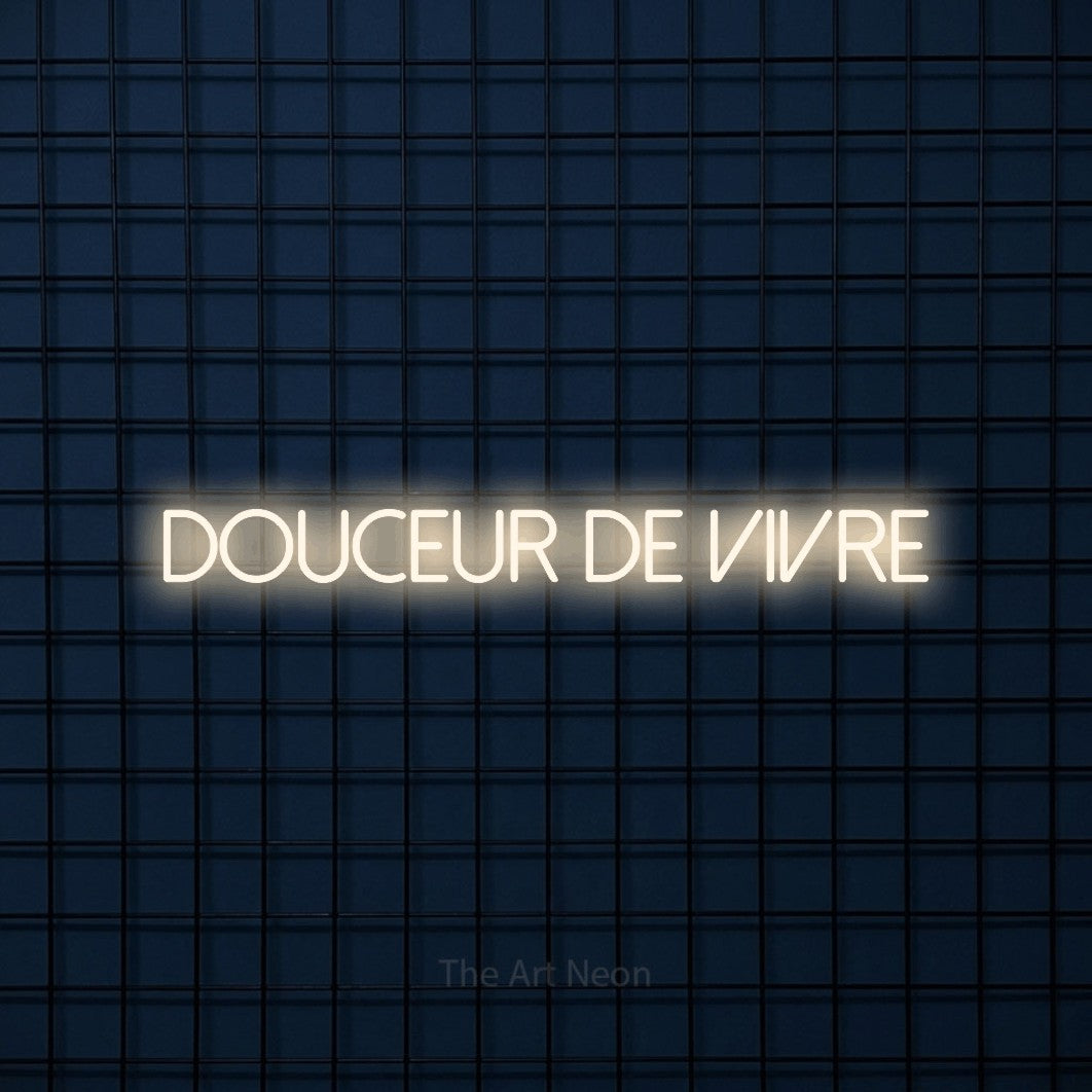 “Douceur de vivre” LED neon sign in warm white, with thin sans-serif lettering, shown against a dark blue grid.