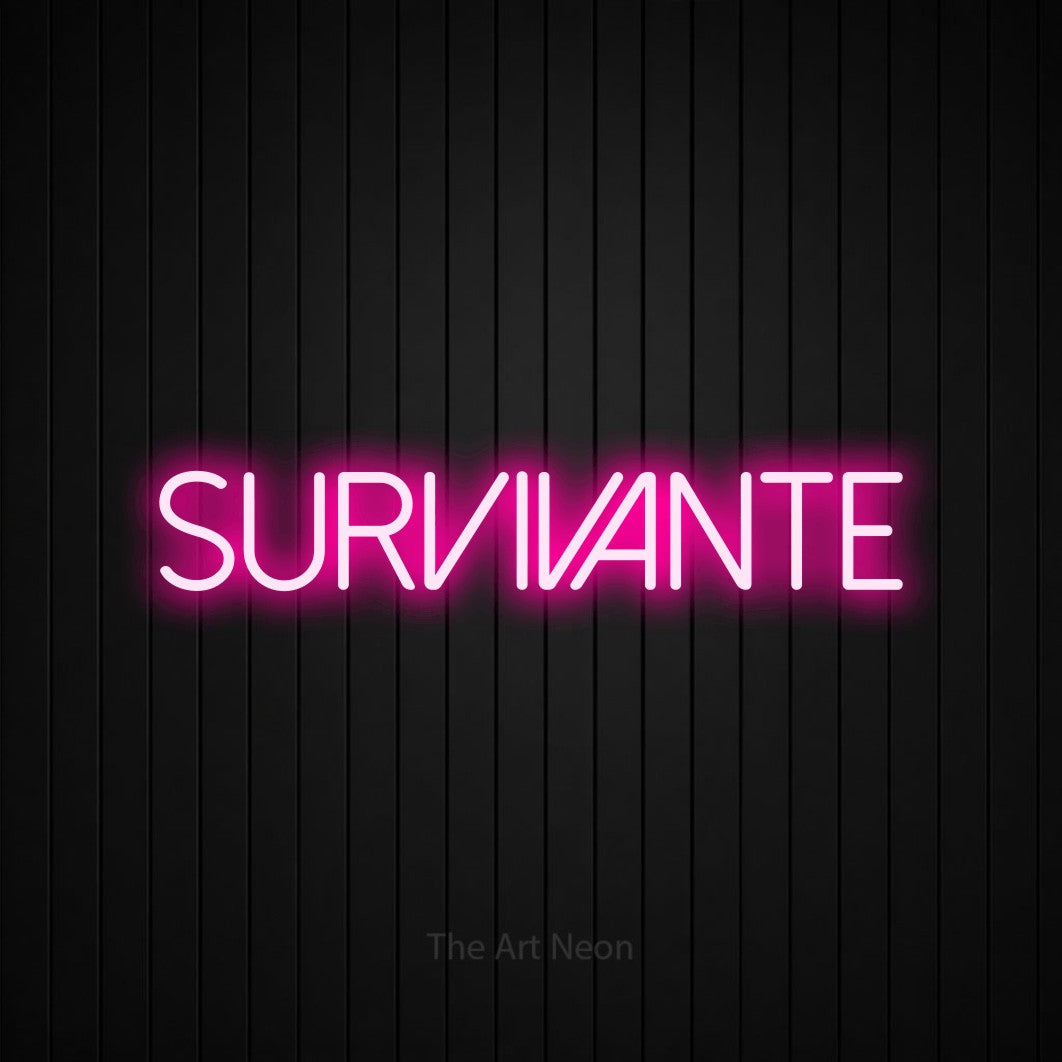 “Survivante” LED neon sign in hot pink, with thin sans-serif lettering, shown against black vertical wall slats.