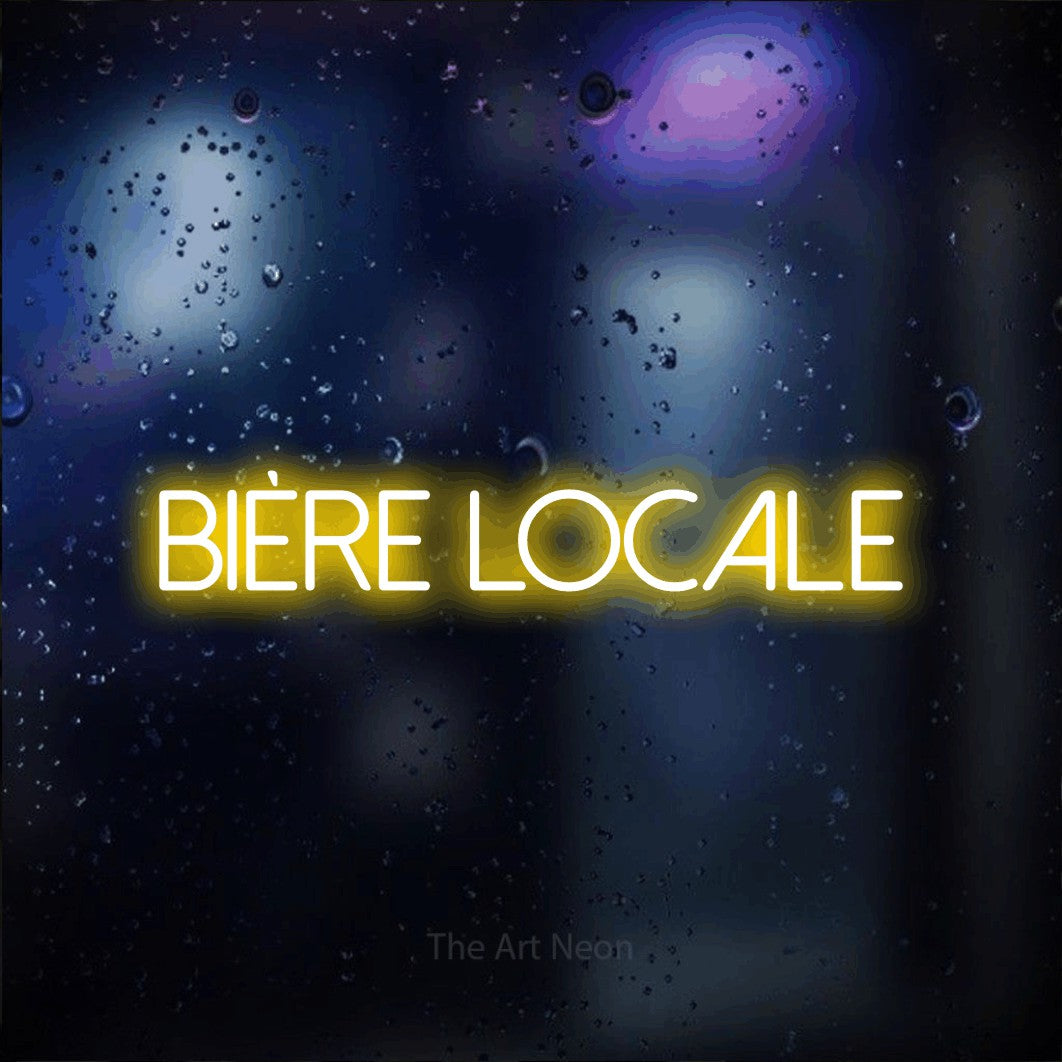 “Bière locale” LED neon sign in yellow, with thin sans-serif lettering, shown against glass with blue and purple reflections.