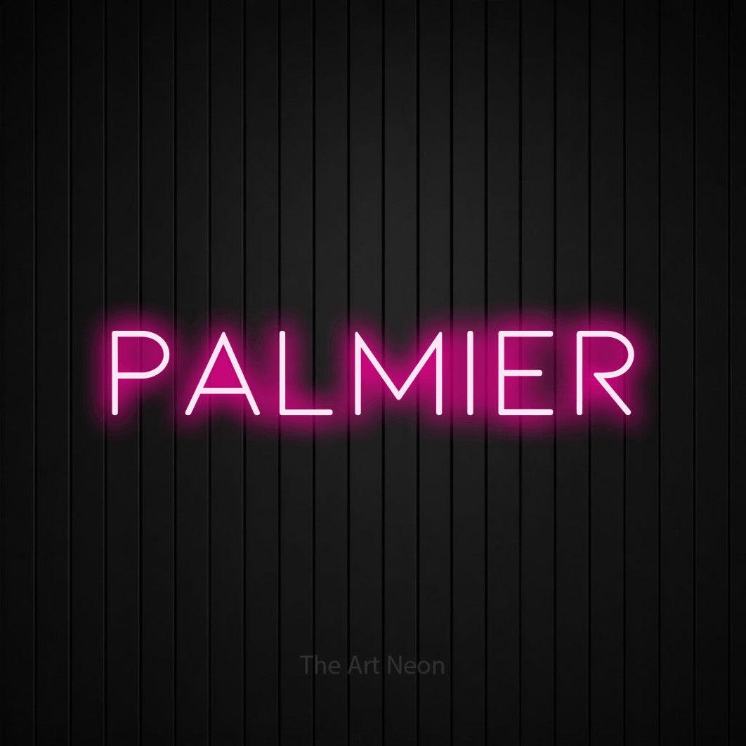 “Palmier” LED neon sign in hot pink, with thin, widely spaced lettering, shown against black vertical wall slats.