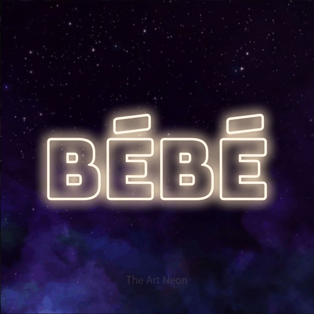 Composition en néon LED « Bébé » en blanc chaud, en typographie contour épaisse, mise en valeur sur une texture de galaxie violette, pour une chambre d’enfant.