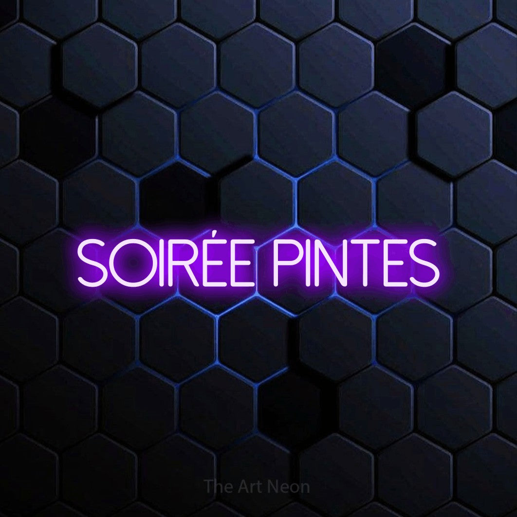 “Soirée pintes” LED neon sign in purple, with thin sans-serif lettering, shown against a dark blue honeycomb pattern.