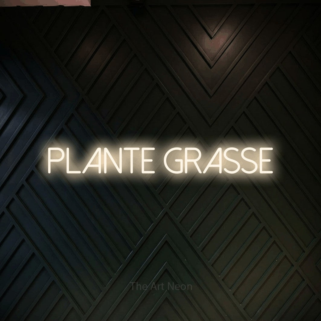 “Plante grasse” LED neon sign in warm white, with thin sans-serif lettering, shown against a black chevron-patterned wood wall.