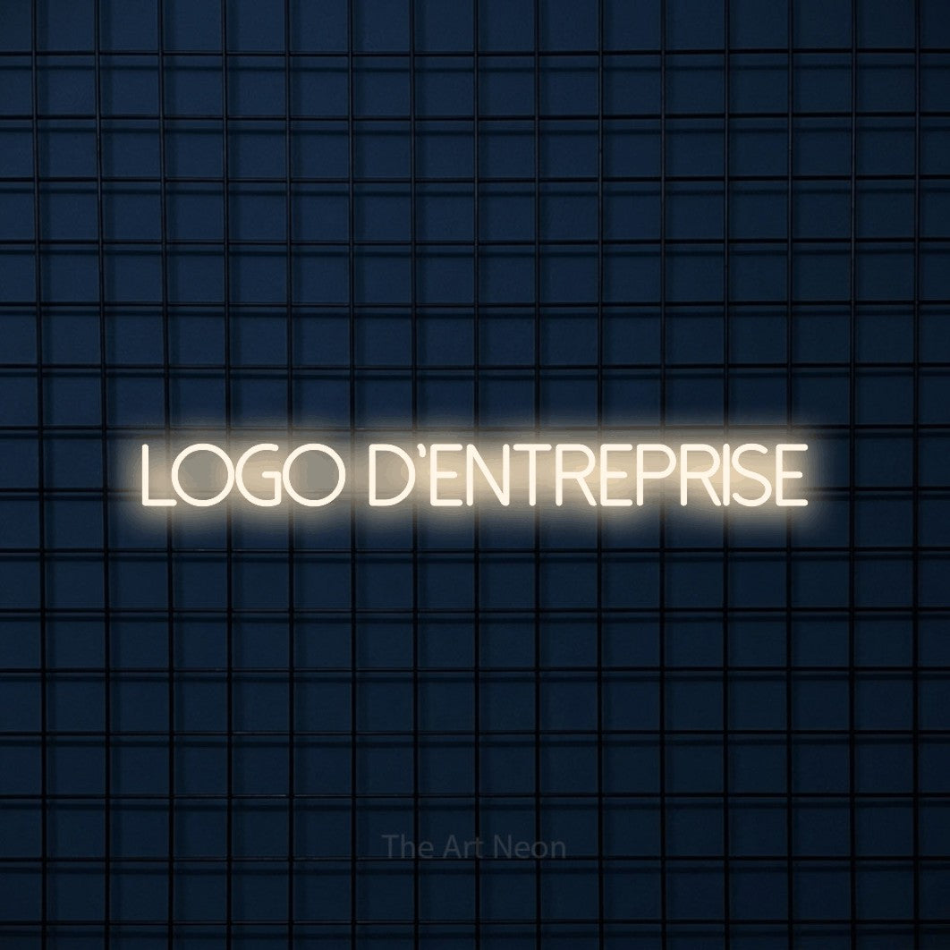 “Logo d'entreprise” LED neon sign in warm white, with thin sans-serif lettering, shown against a dark blue grid.