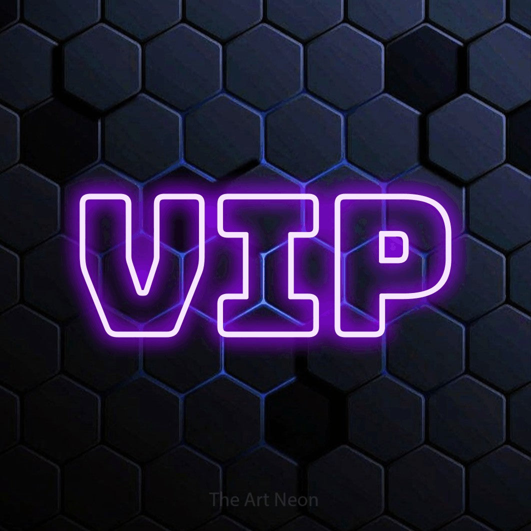 “VIP” LED neon sign in purple, with bold outline lettering, shown against a dark blue honeycomb pattern.