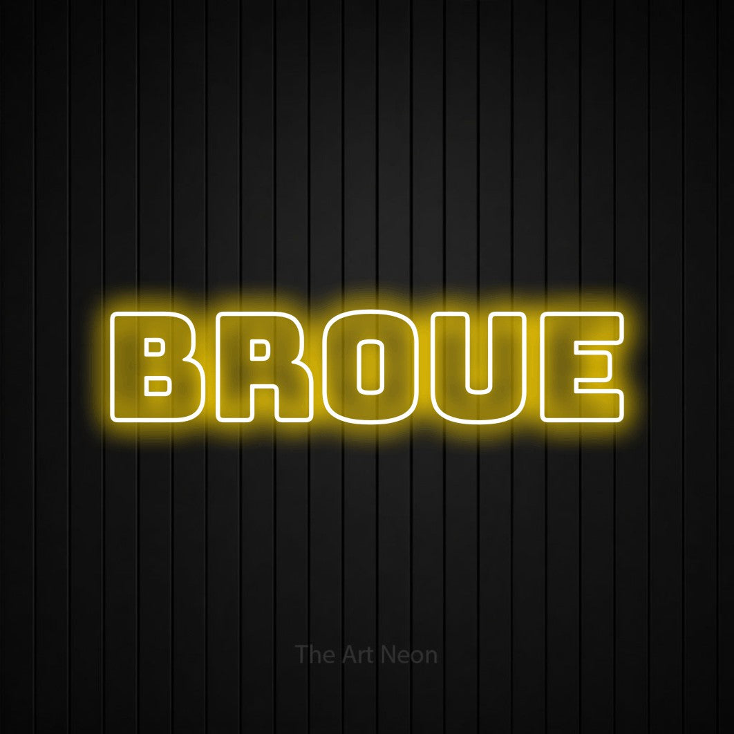 “Broue” LED neon sign in yellow, with bold outline lettering, shown against black vertical wall slats.