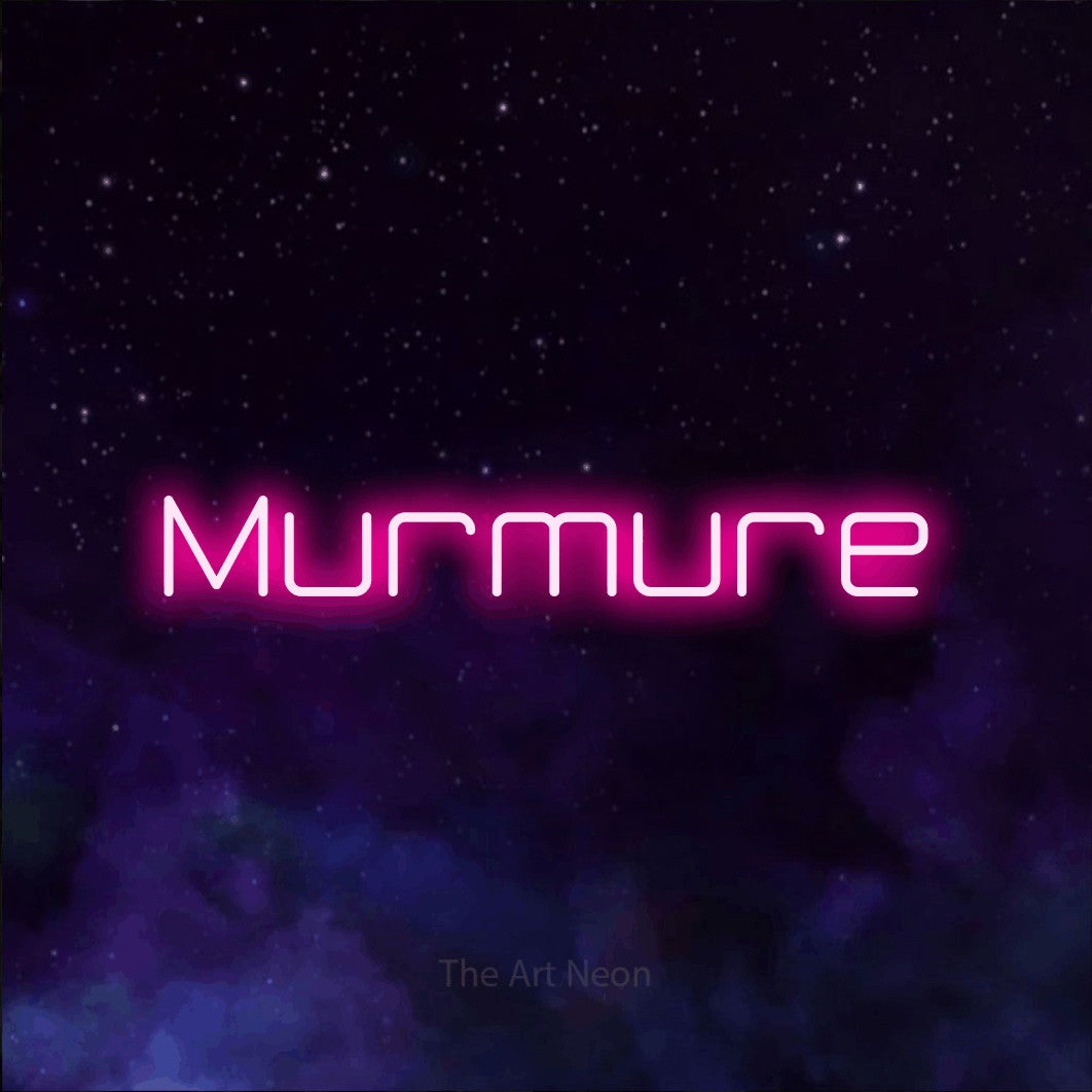 “Murmure” LED neon sign in hot pink, with rounded geometric lettering, shown against a purple galaxy backdrop.