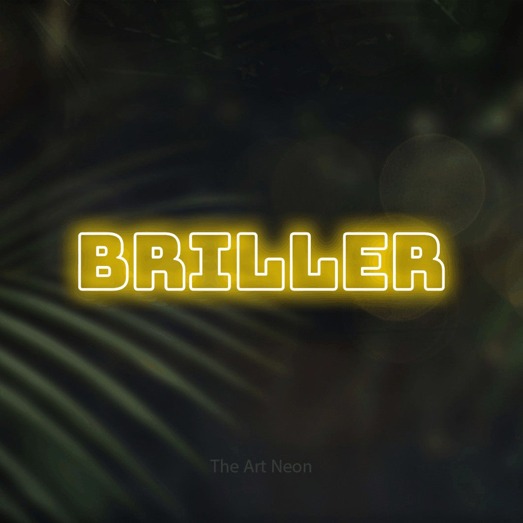“Briller” LED neon sign in yellow, with bold outline lettering, shown against a blurred palm and bokeh-light backdrop.