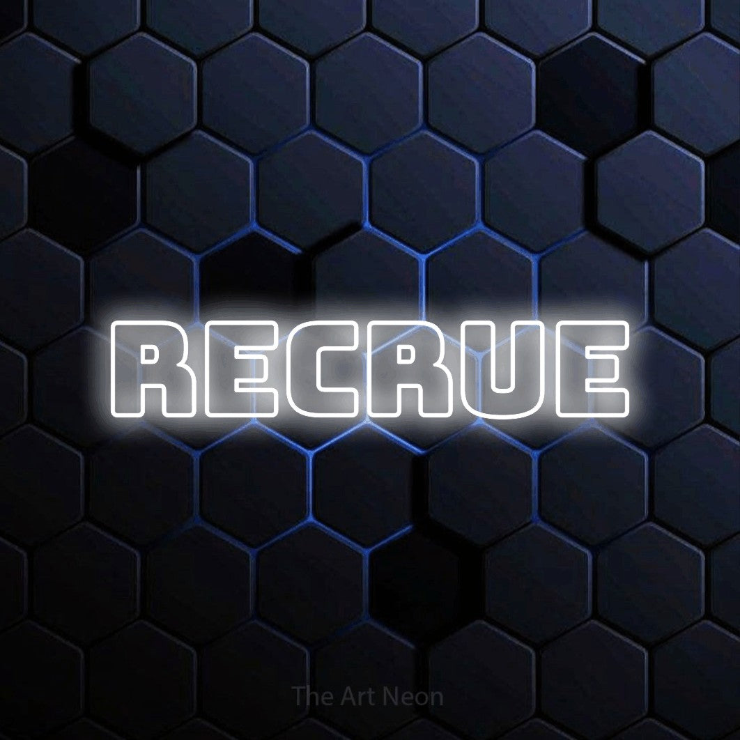 “Recrue” LED neon sign in cool white, with bold outline lettering, shown against a dark blue honeycomb pattern.