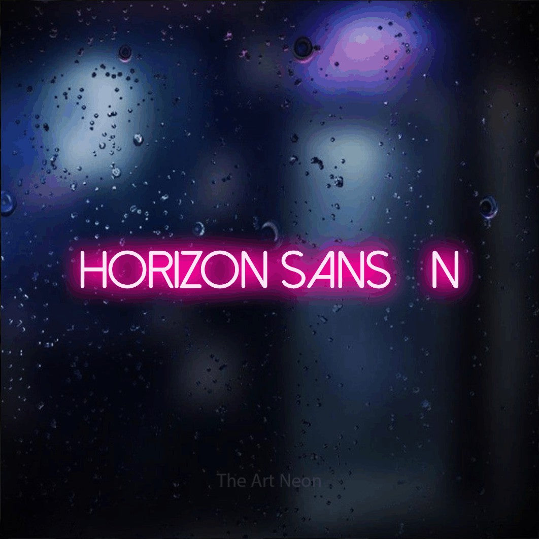 “Horizon sans fin” LED neon sign in hot pink, with thin sans-serif lettering, shown against glass with blue and purple reflections.