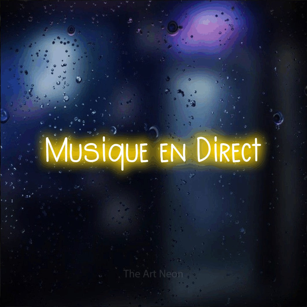 “Musique en direct” LED neon sign in yellow, with narrow hand-drawn lettering, shown against glass with blue and purple reflections.