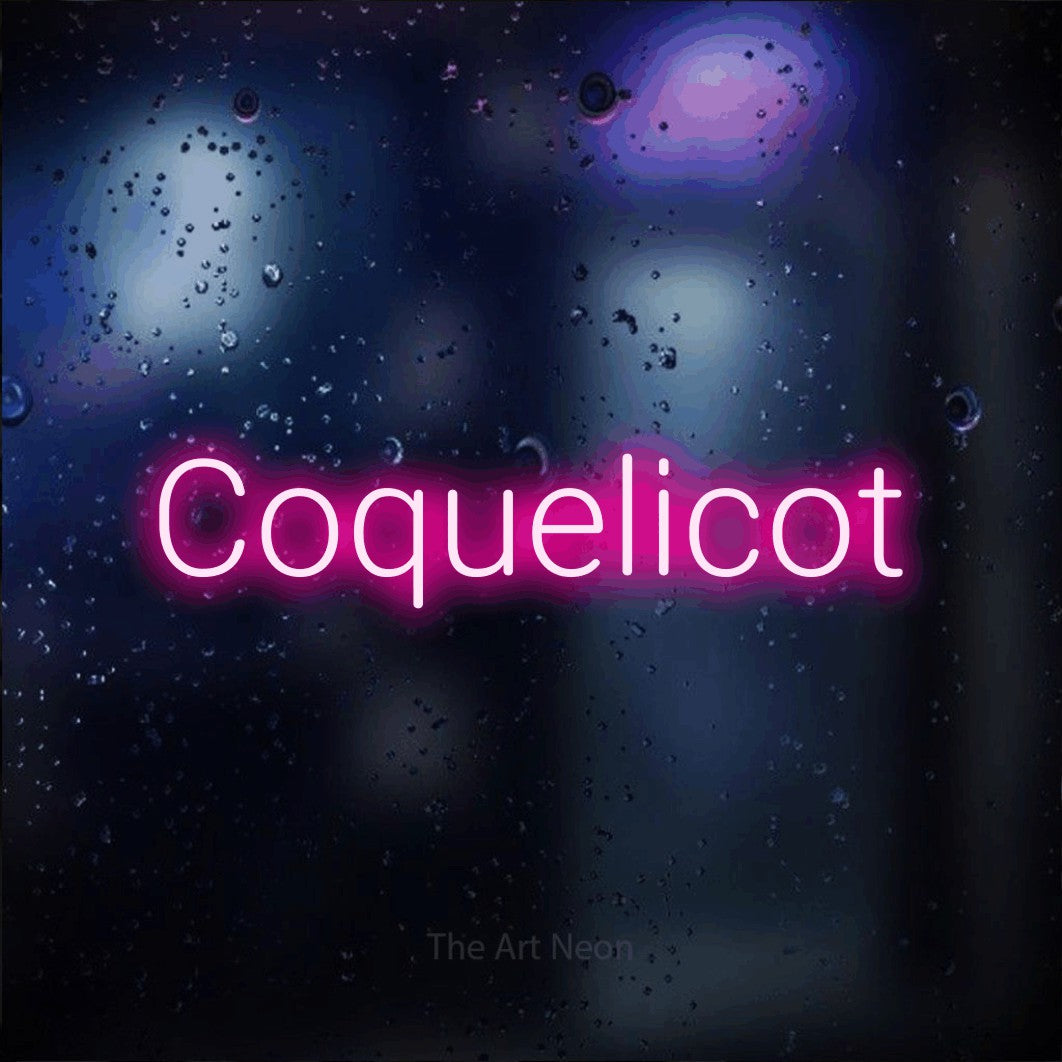 “Coquelicot” LED neon sign in hot pink, with rounded sans-serif lettering, shown against glass with blue and purple reflections.
