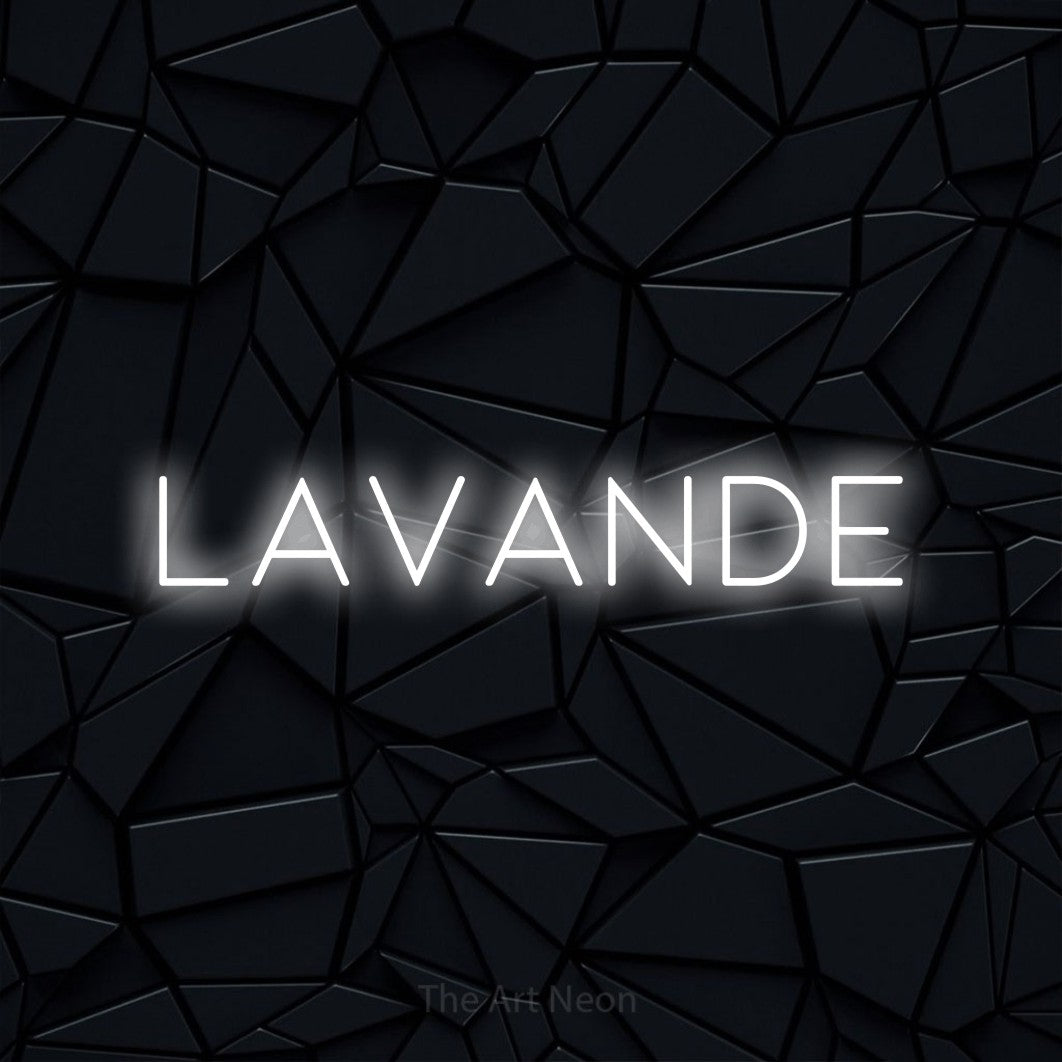 “Lavande” LED neon sign in cool white, with thin, widely spaced lettering, shown against a black polygonal surface.