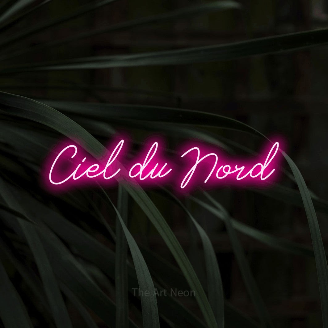 “Ciel du nord” LED neon sign in hot pink, with cursive lettering, shown against a close-up of dark foliage.