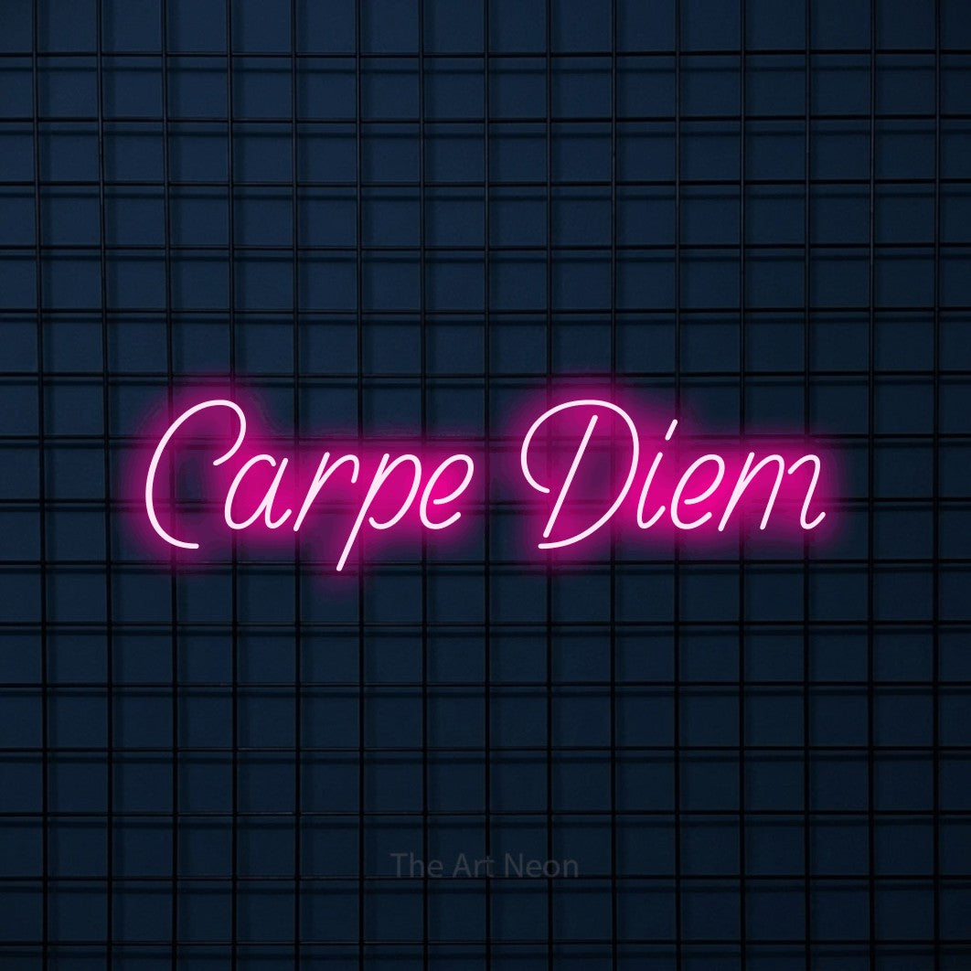 “Carpe diem” LED neon sign in hot pink, with slanted handwritten lettering, shown against a dark blue grid.