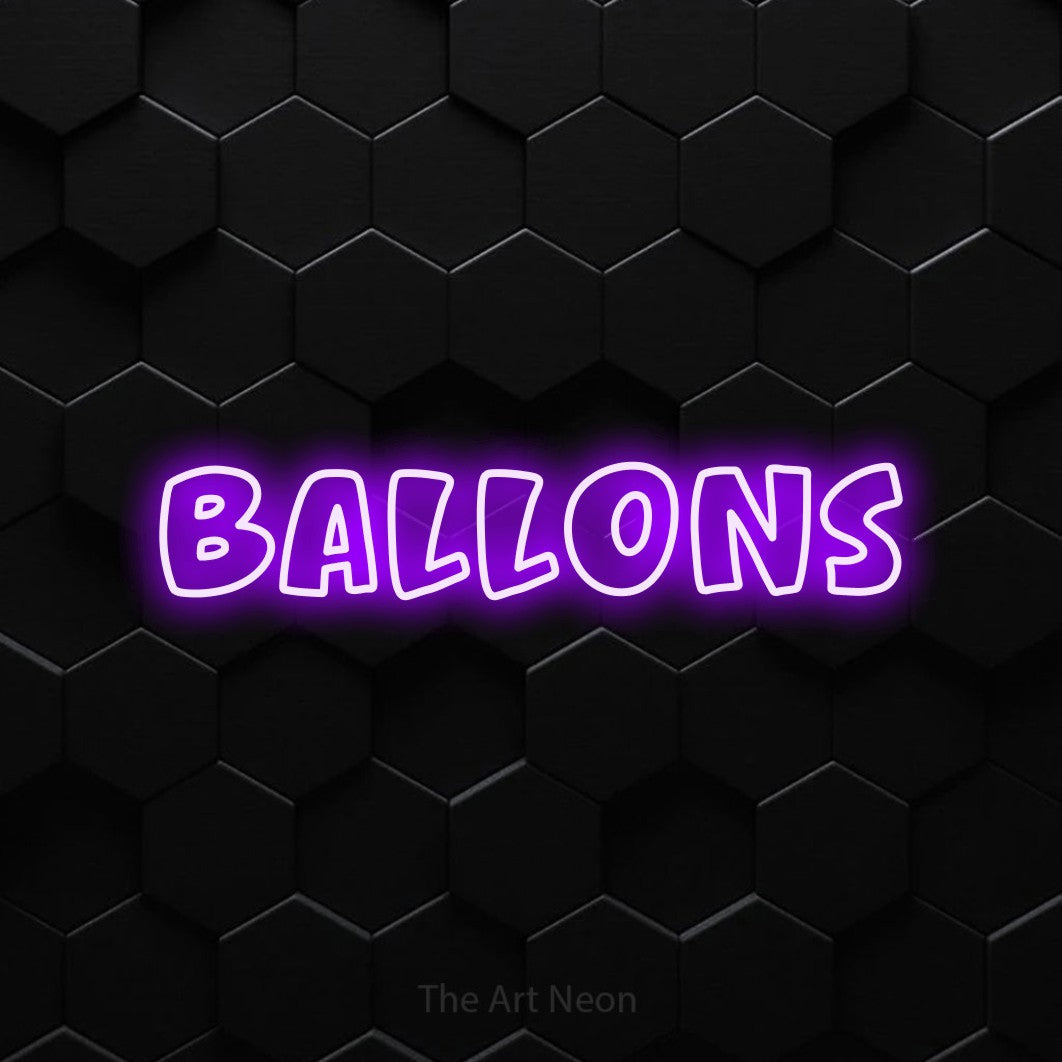 “Ballons” LED neon sign in purple, with rounded outline lettering, shown against black hexagonal wall tiles.