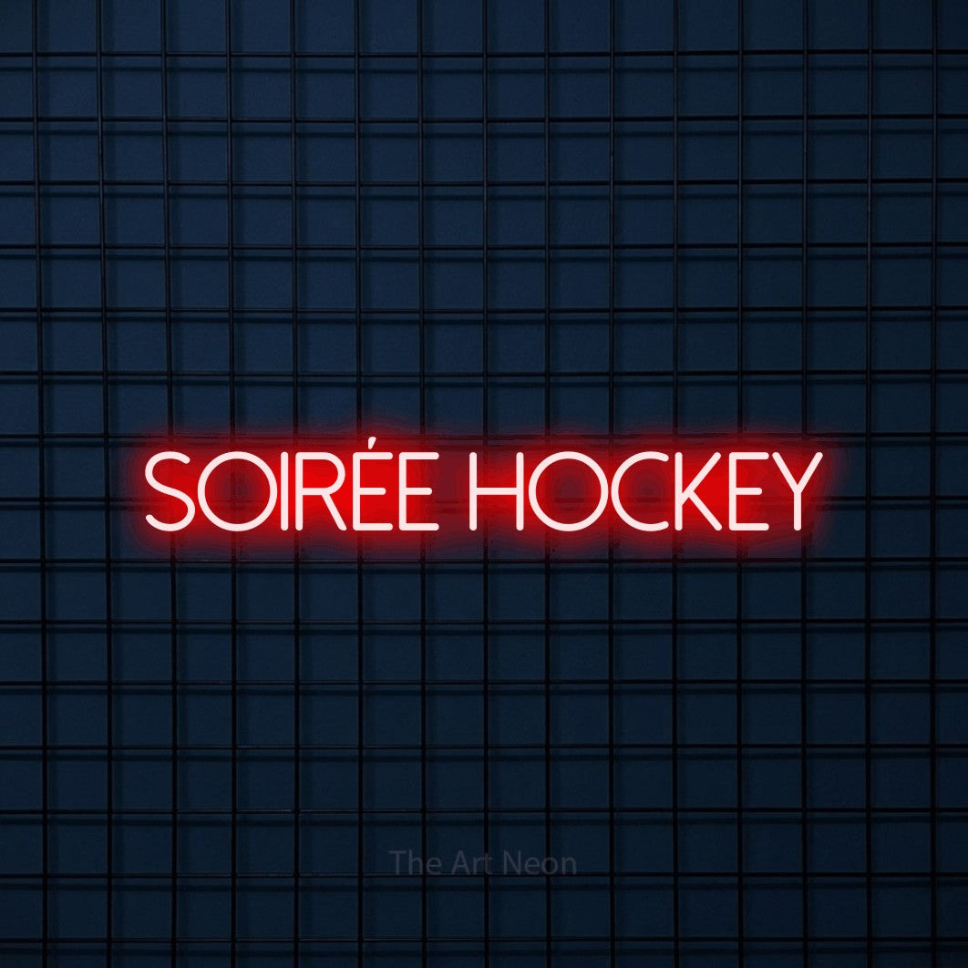 “Soirée hockey” LED neon sign in red, with thin sans-serif lettering, shown against a dark blue grid.