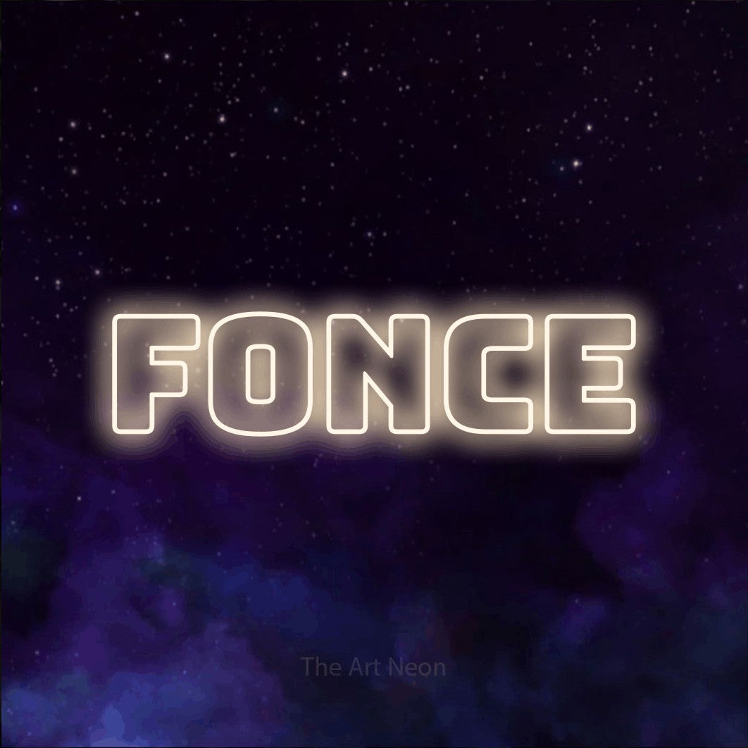 “Fonce” LED neon sign in warm white, with bold outline lettering, shown against a purple galaxy backdrop.