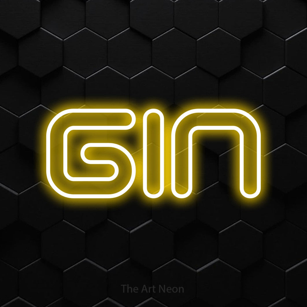 “Gin” LED neon sign in yellow, with futuristic double-line lettering, shown against black hexagonal wall tiles.