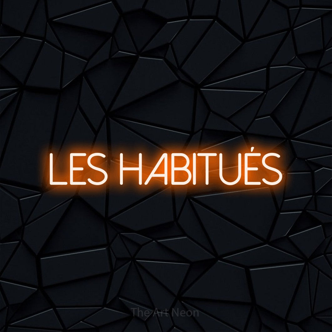 “Les habitués” LED neon sign in orange, with thin sans-serif lettering, shown against a black polygonal surface.