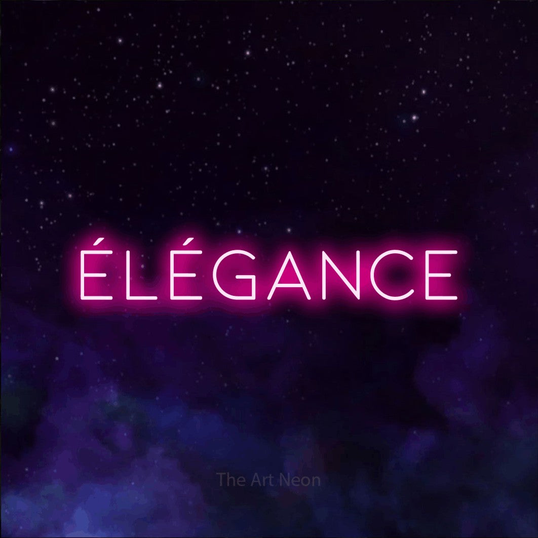 “Élégance” LED neon sign in hot pink, with thin, widely spaced lettering, shown against a purple galaxy backdrop.