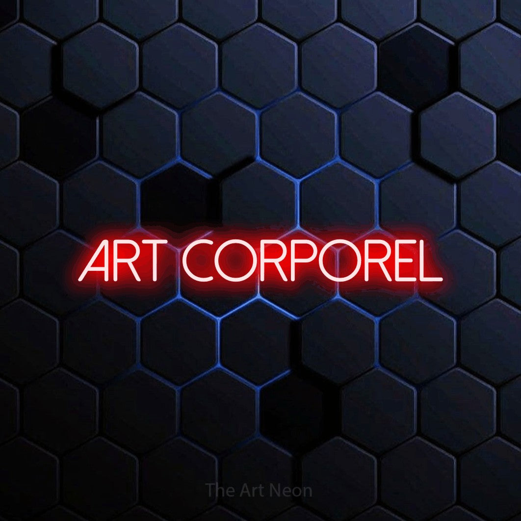 “Art corporel” LED neon sign in red, with thin sans-serif lettering, shown against a dark blue honeycomb pattern.