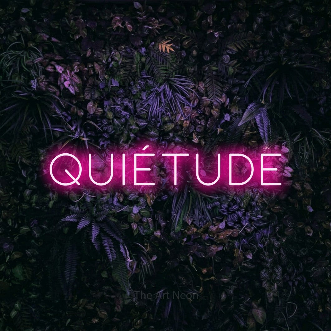 “Quiétude” LED neon sign in hot pink, with thin, widely spaced lettering, shown against a dark wall with purple flowers.