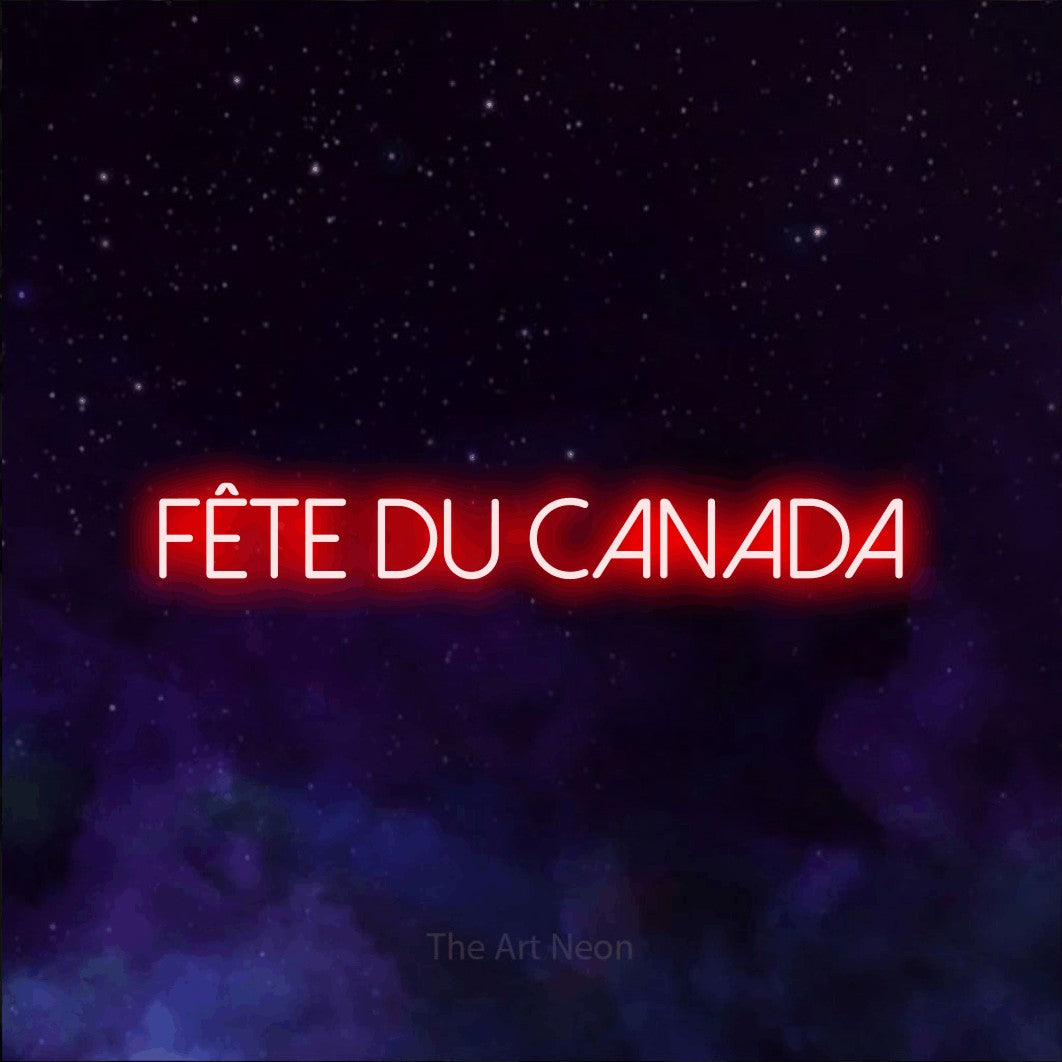 “Fête du Canada” LED neon sign in red, with thin sans-serif lettering, shown against a purple galaxy backdrop.