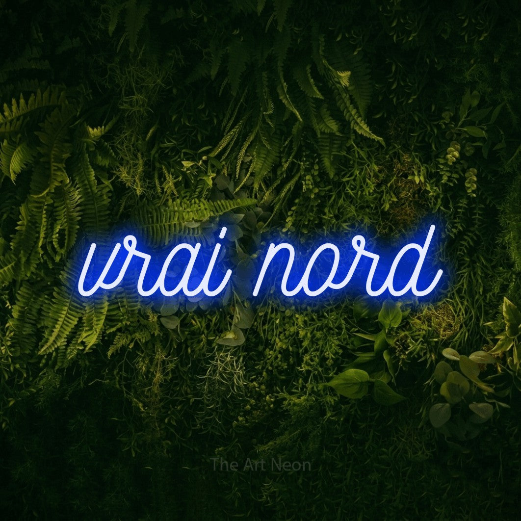 “Vrai nord” LED neon sign in blue, with ornate cursive lettering, shown against a dark moss and forest backdrop.