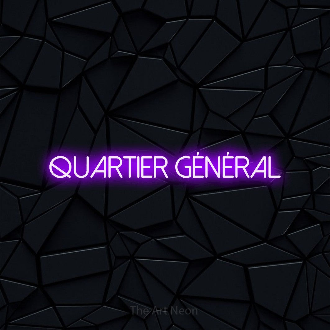 “Quartier général” LED neon sign in purple, with thin sans-serif lettering, shown against a black polygonal surface.