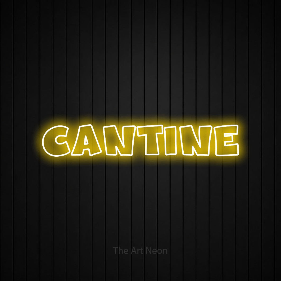 “Cantine” LED neon sign in yellow, with wide lettering with irregular outlines, shown against black vertical wall slats.